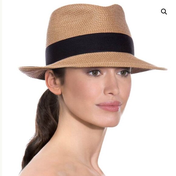 Eric Javits Packable Hat Fedora Straw Tan Brown Black Ribbon Sun Protection UPF - Picture 1 of 10